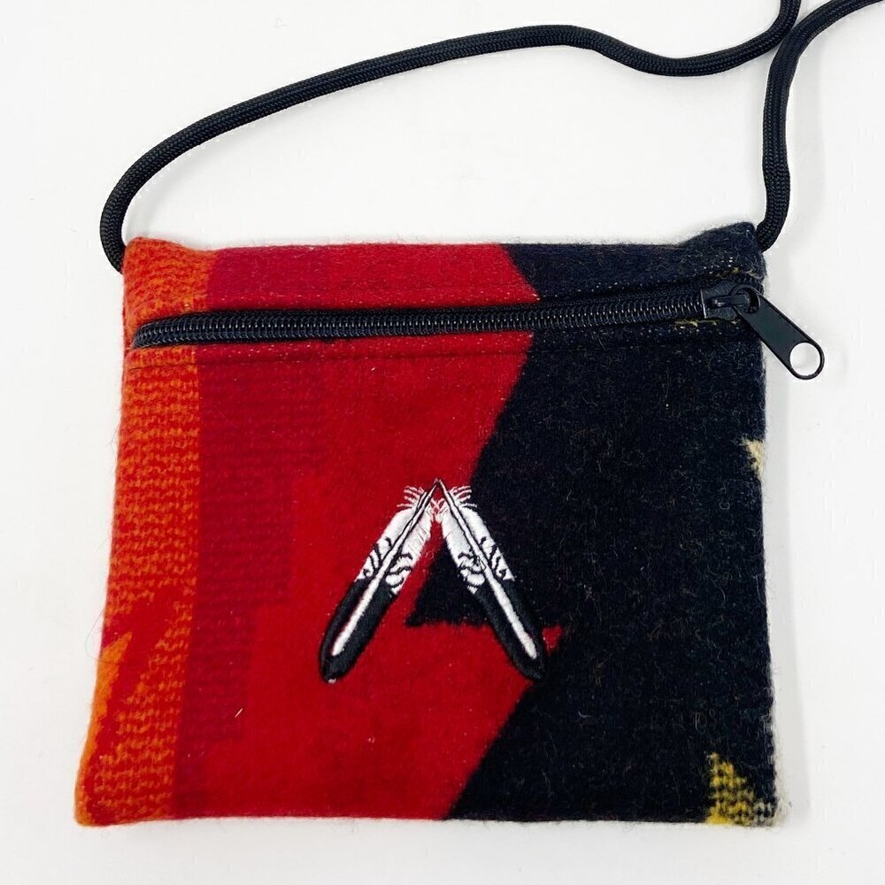 Pendleton Blanket Zip Crossbody Pouch Feather Embroidery